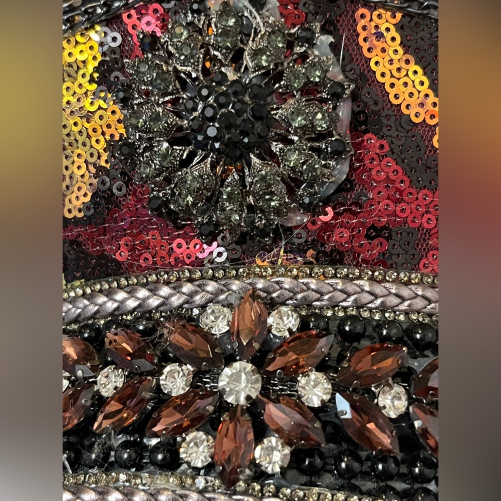 Embellished Sequin Military-Style Cap in Black and Red - Picture 7 of 8